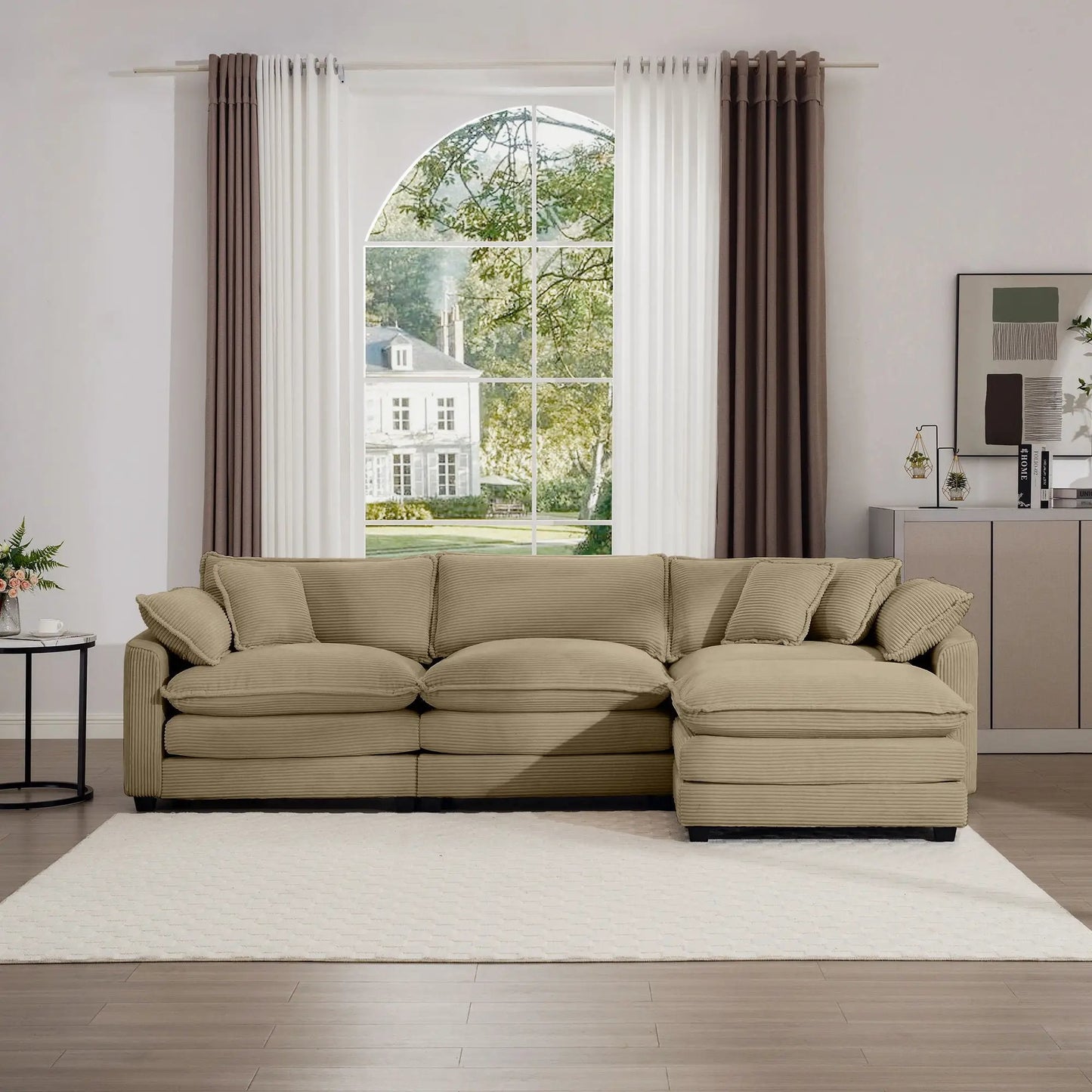 Modern oversized modular cushion sofa with ottoman in beige fabric, low back, deep seating on Tampa Home & Garden Store