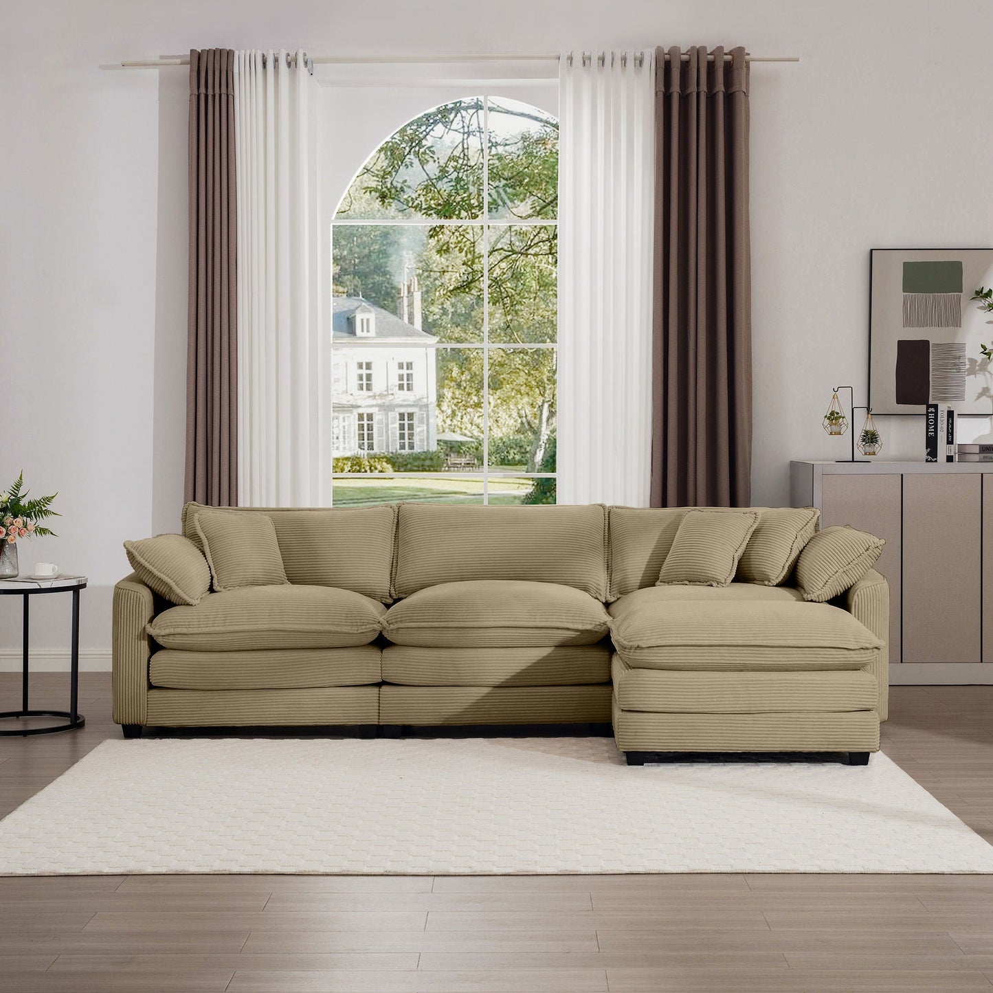 HouseOfZazla modern oversized modular cushion sofa with ottoman, 2-piece, beige deep seating on Tampa Home & Garden Store