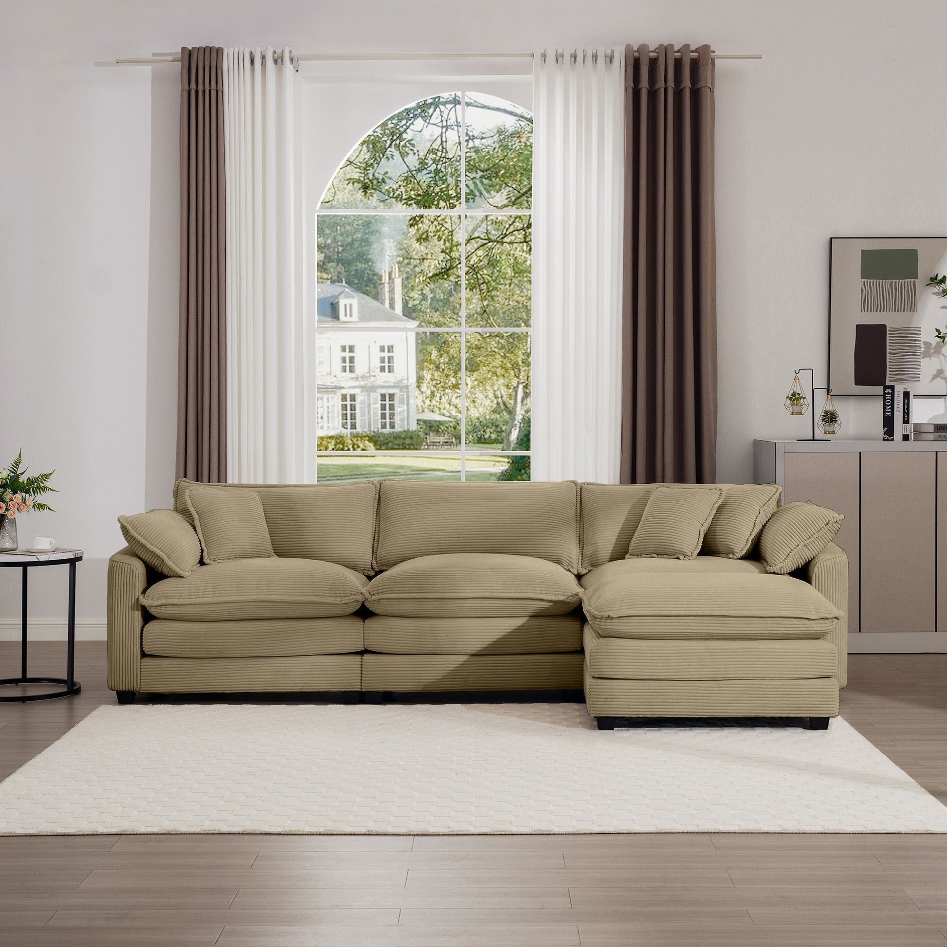 HouseOfZazla modern oversized modular cushion sofa with ottoman, 2-piece, beige deep seating on Tampa Home & Garden Store