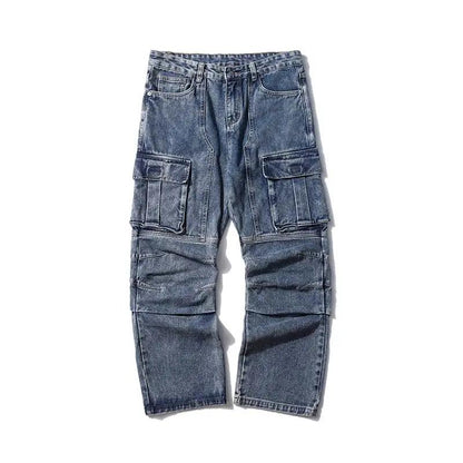 Washed distressed multi-pocket denim jeans, blue wide-leg straight trousers with cargo pockets on Tampa Home & Garden Store