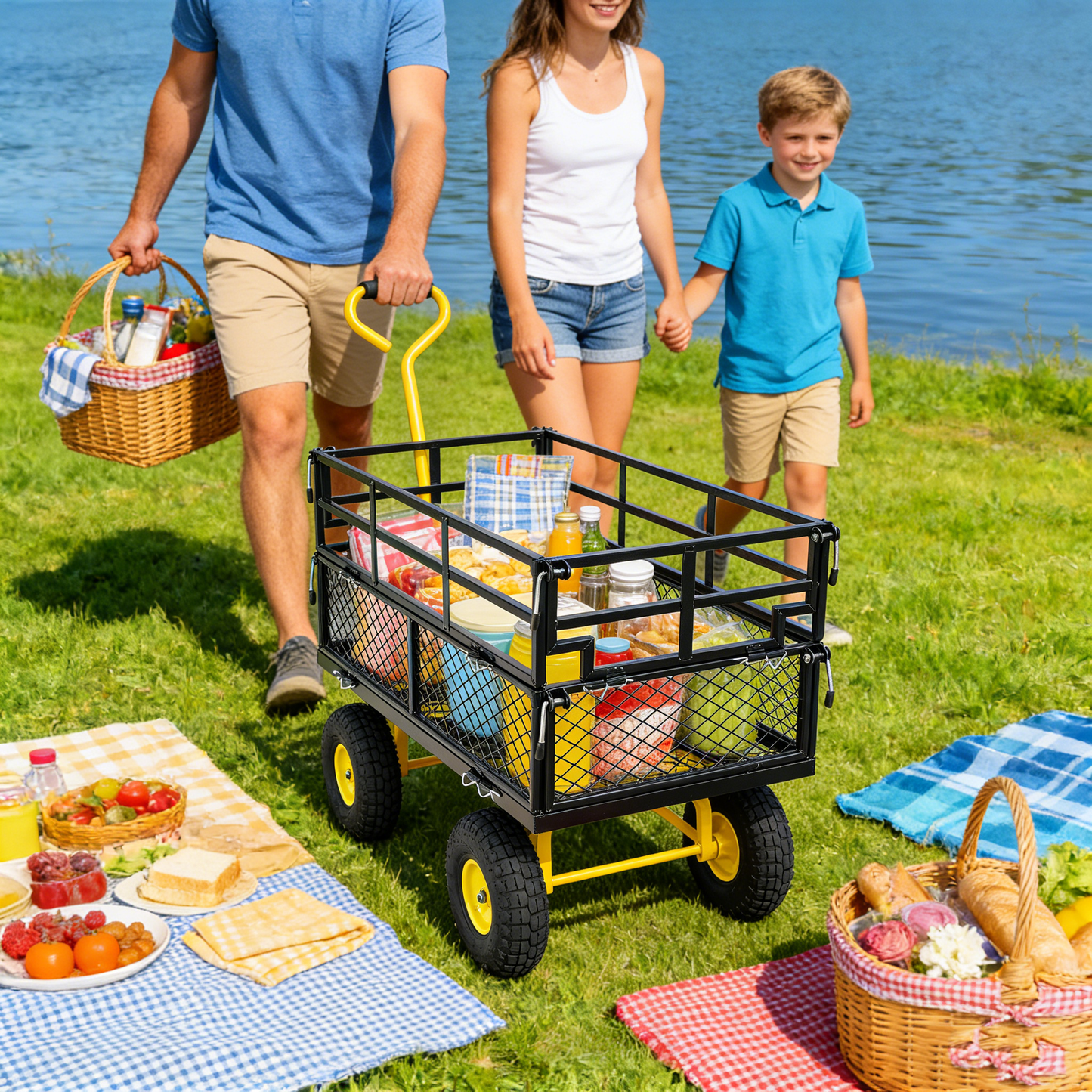 Outdoor wagon cart with black metal frame and yellow wheels loaded with picnic groceries on Tampa Home & Garden Store