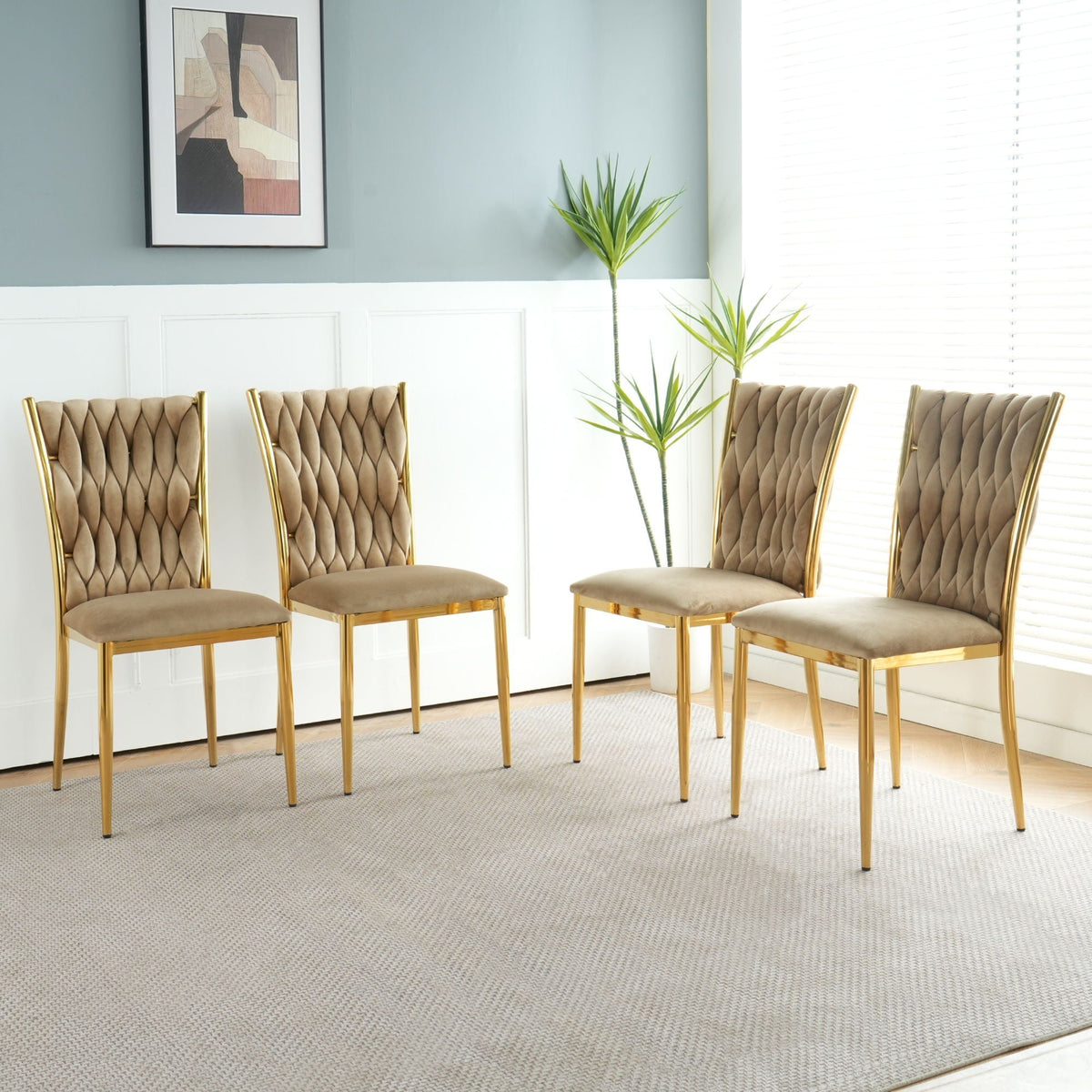 Modern dining chair set with plated gold metal legs and tufted taupe upholstery on Tampa Home & Garden Store