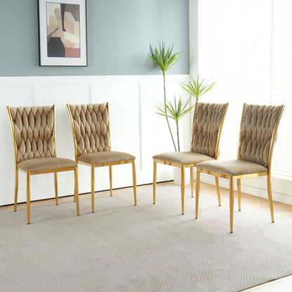 Modern dining chair set with plated gold metal legs and tufted taupe upholstery on Tampa Home & Garden Store
