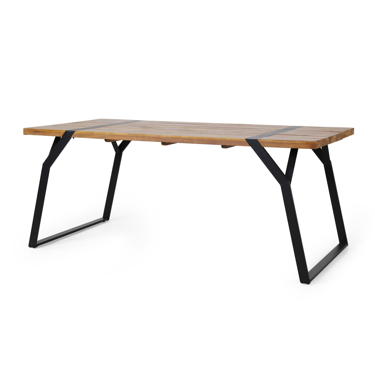 Zora dining table with industrial black iron legs and weather-resistant acacia wood top on Tampa Home & Garden Store
