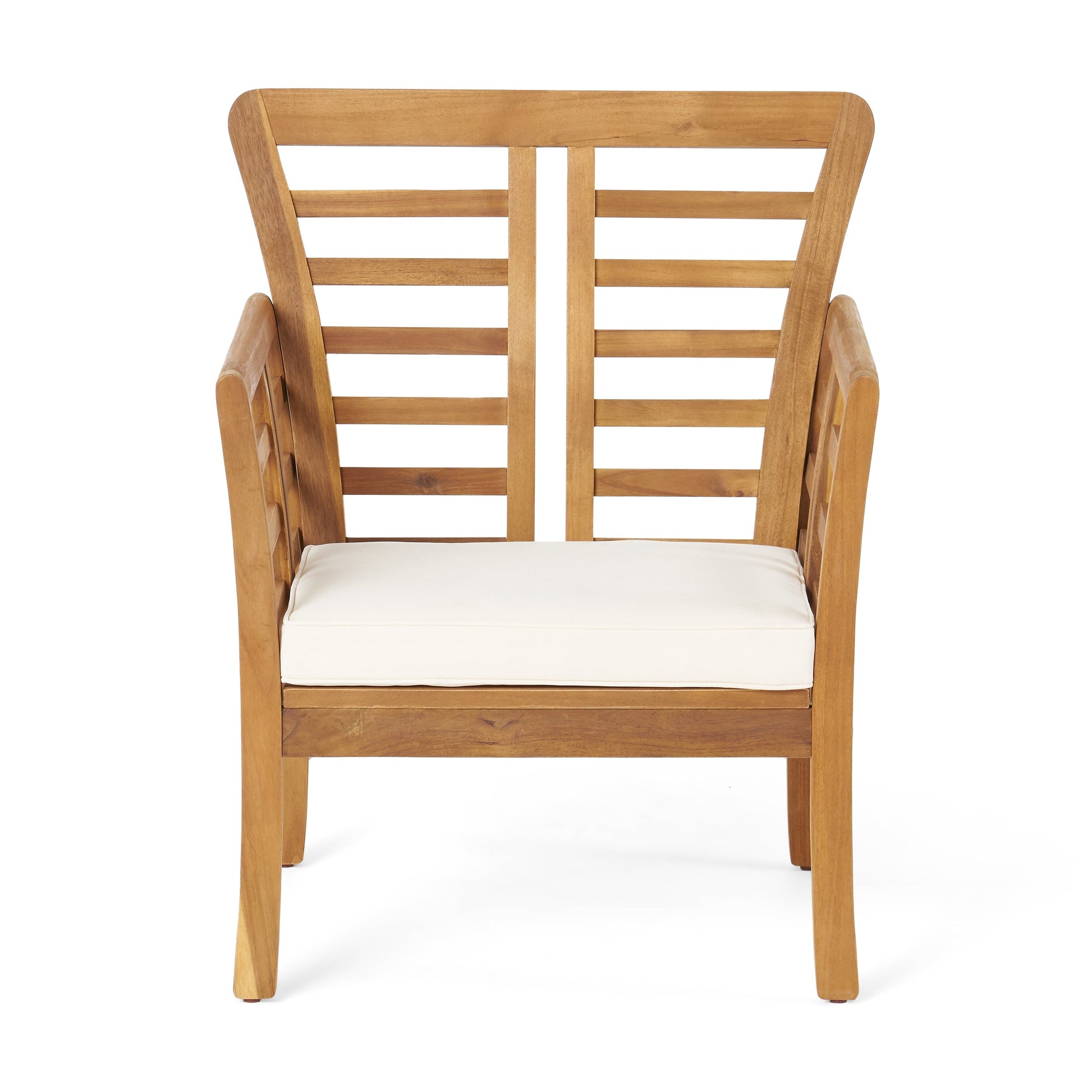 Caydon 2 Club Chairs + Table in warm wood with slatted backs and cream cushions by HouseOfZazla on Tampa Home & Garden Store