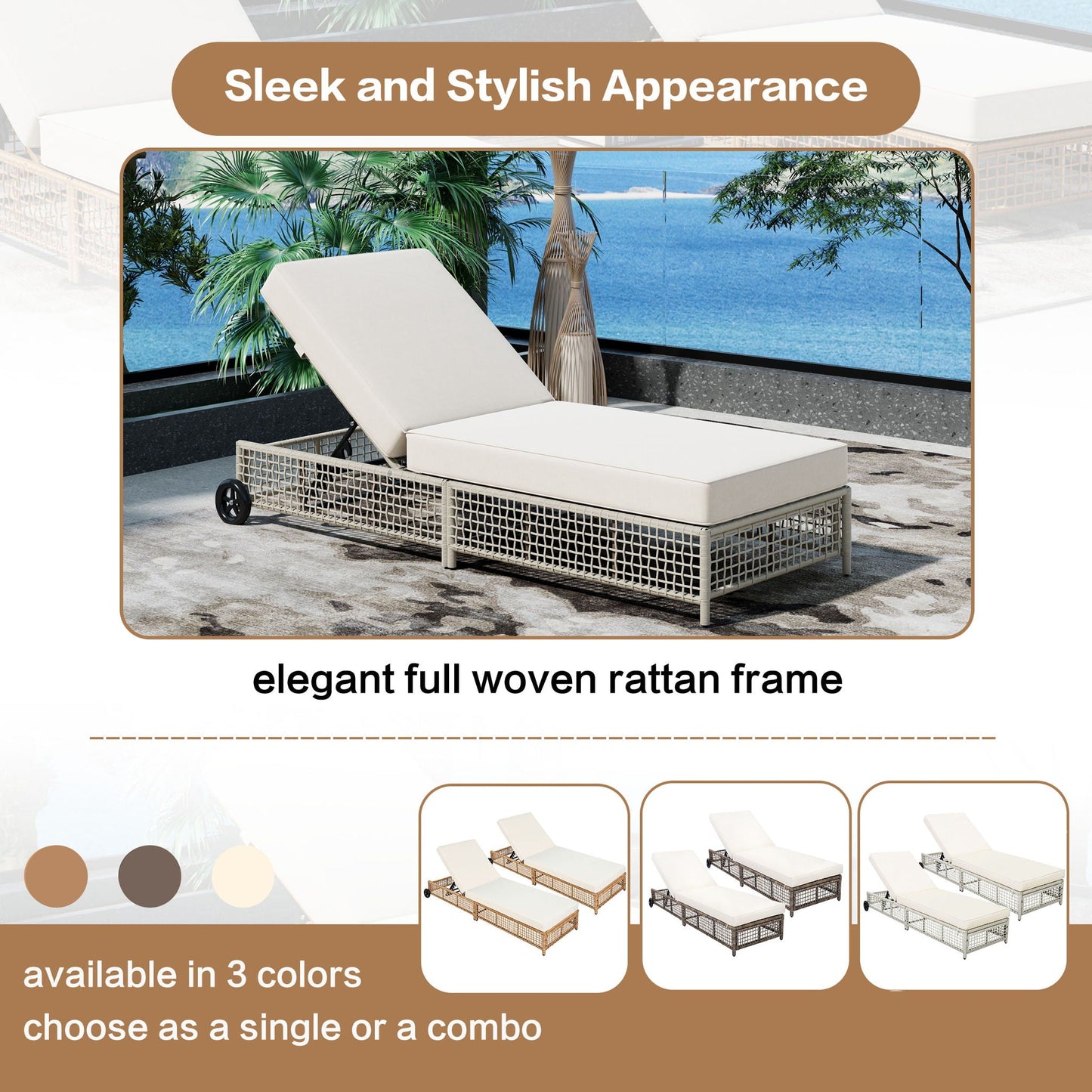 Outdoor lounge chair with 5-position backrest and wheels, beige cushions by HouseOfZazla on Tampa Home & Garden Store