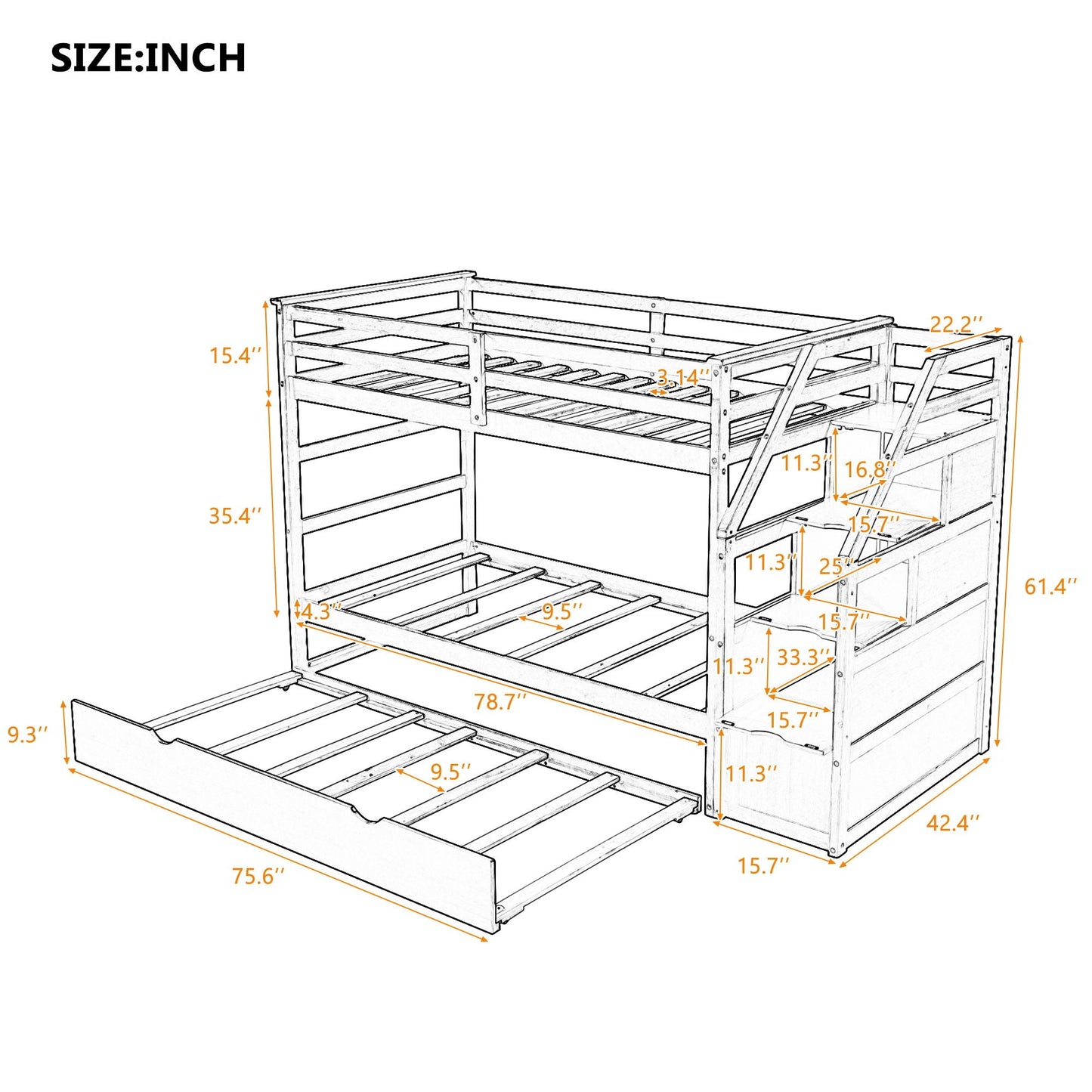 Twin over twin bunk bed espresso finish with twin-size trundle and 3 storage stairs on Tampa Home & Garden Store
