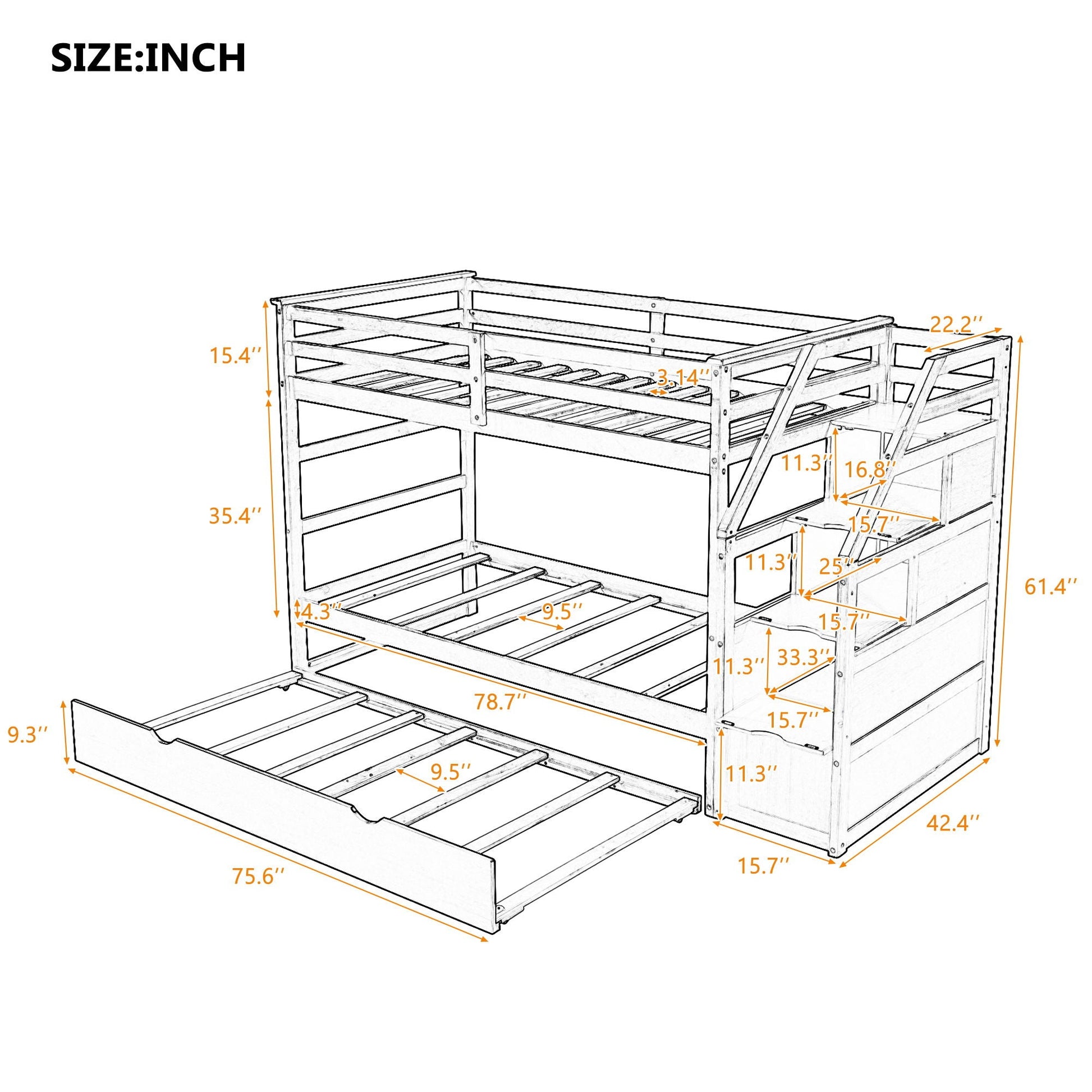 Twin over twin bunk bed espresso finish with twin-size trundle and 3 storage stairs on Tampa Home & Garden Store