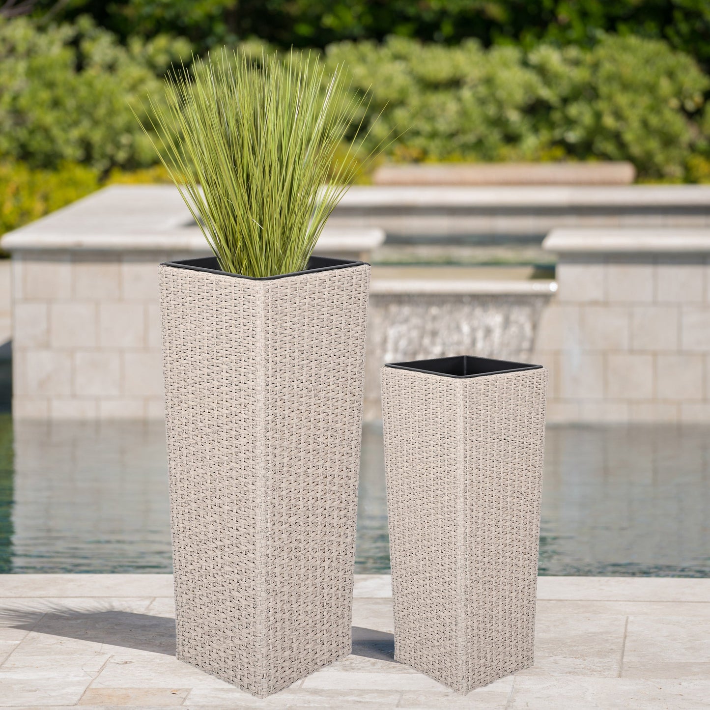 Set of Two Outdoor Beige PE Rattan Planters
