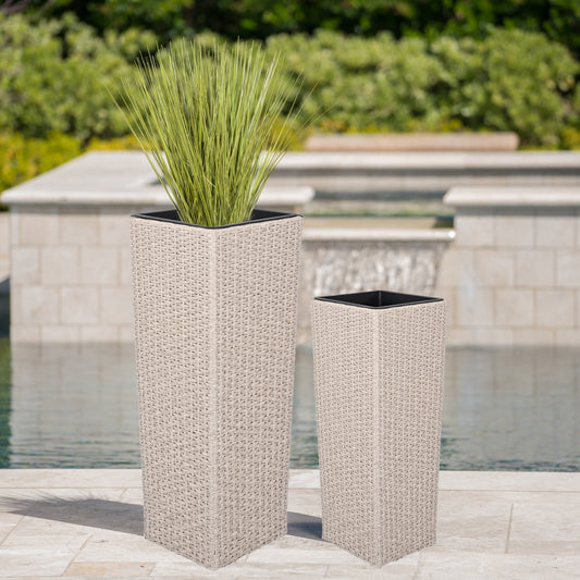Set of Two Outdoor Beige PE Rattan Planters