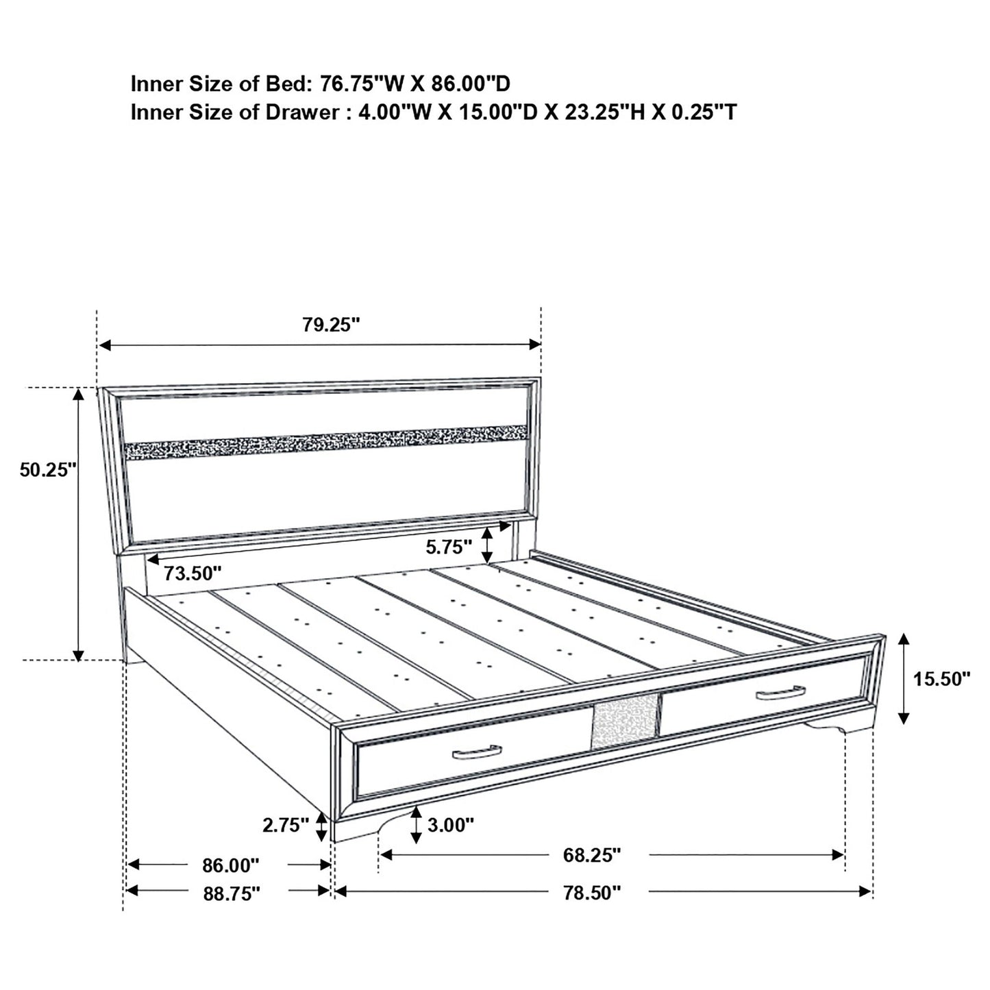 Corbin Glittering Bedroom Set, 4-piece by HouseOfZazla, bed with dresser measurements on Tampa Home & Garden Store