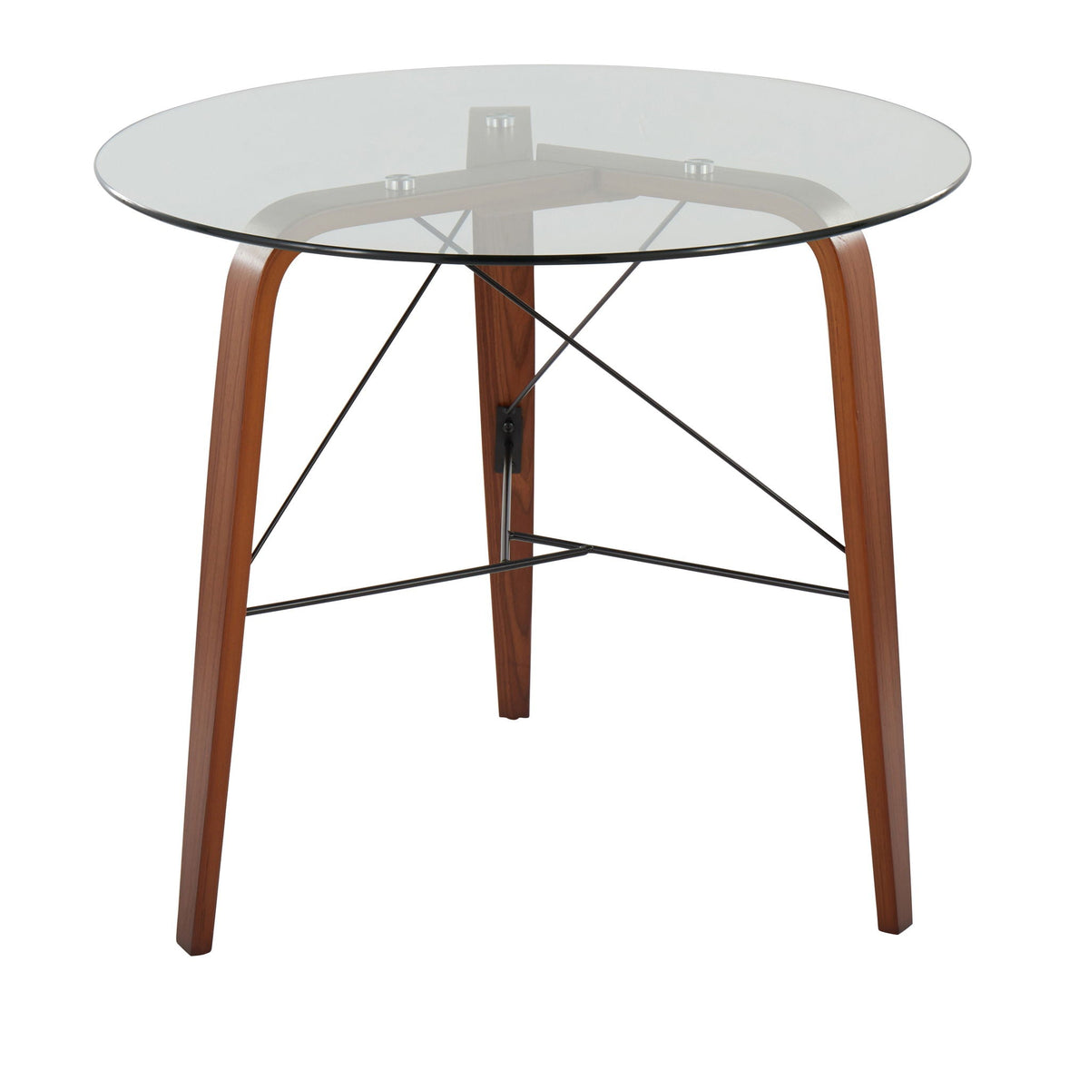 Contemporary round dinette table with tempered glass top and dark brown wood legs on Tampa Home & Garden Store