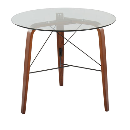 Contemporary round dinette table with tempered glass top and dark brown wood legs on Tampa Home & Garden Store