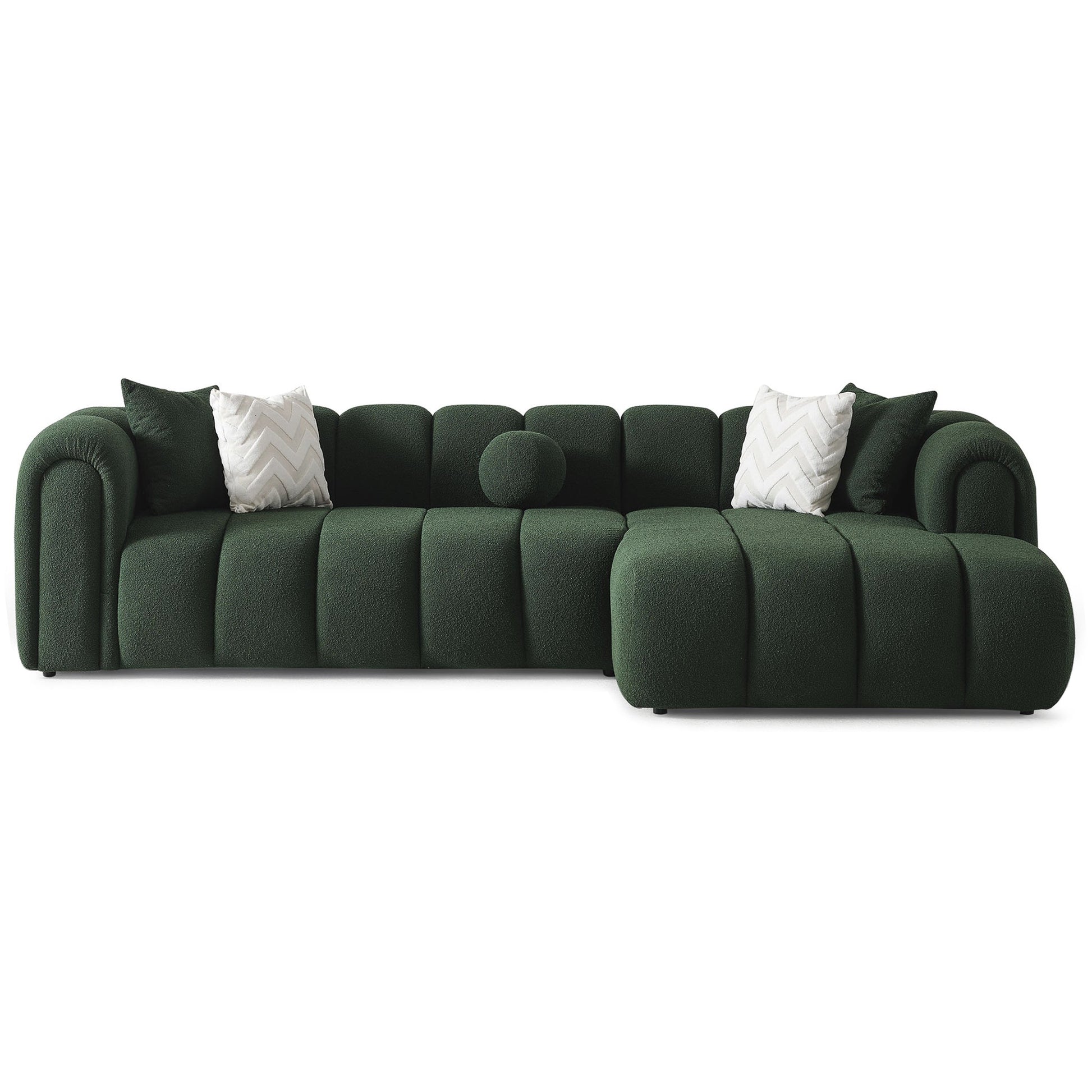 Beatrice Modern Tufted Sectional dark green velvet sofa by HouseOfZazla with white pillows on Tampa Home & Garden Store