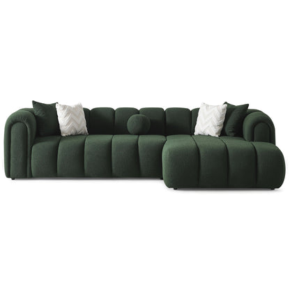 Beatrice Modern Tufted Sectional dark green velvet sofa by HouseOfZazla with white pillows on Tampa Home & Garden Store