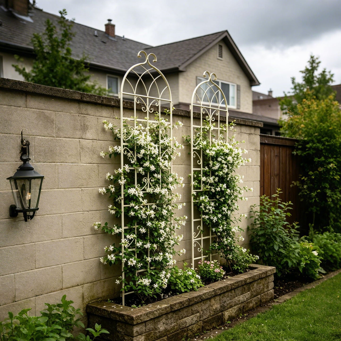 Metal garden trellis pair with arch design for climbing plants, rustproof cream finish on Tampa Home & Garden Store