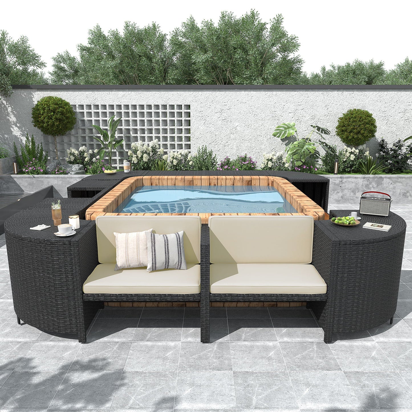 Outdoor Rattan Spa Frame and Modular Storage Seat