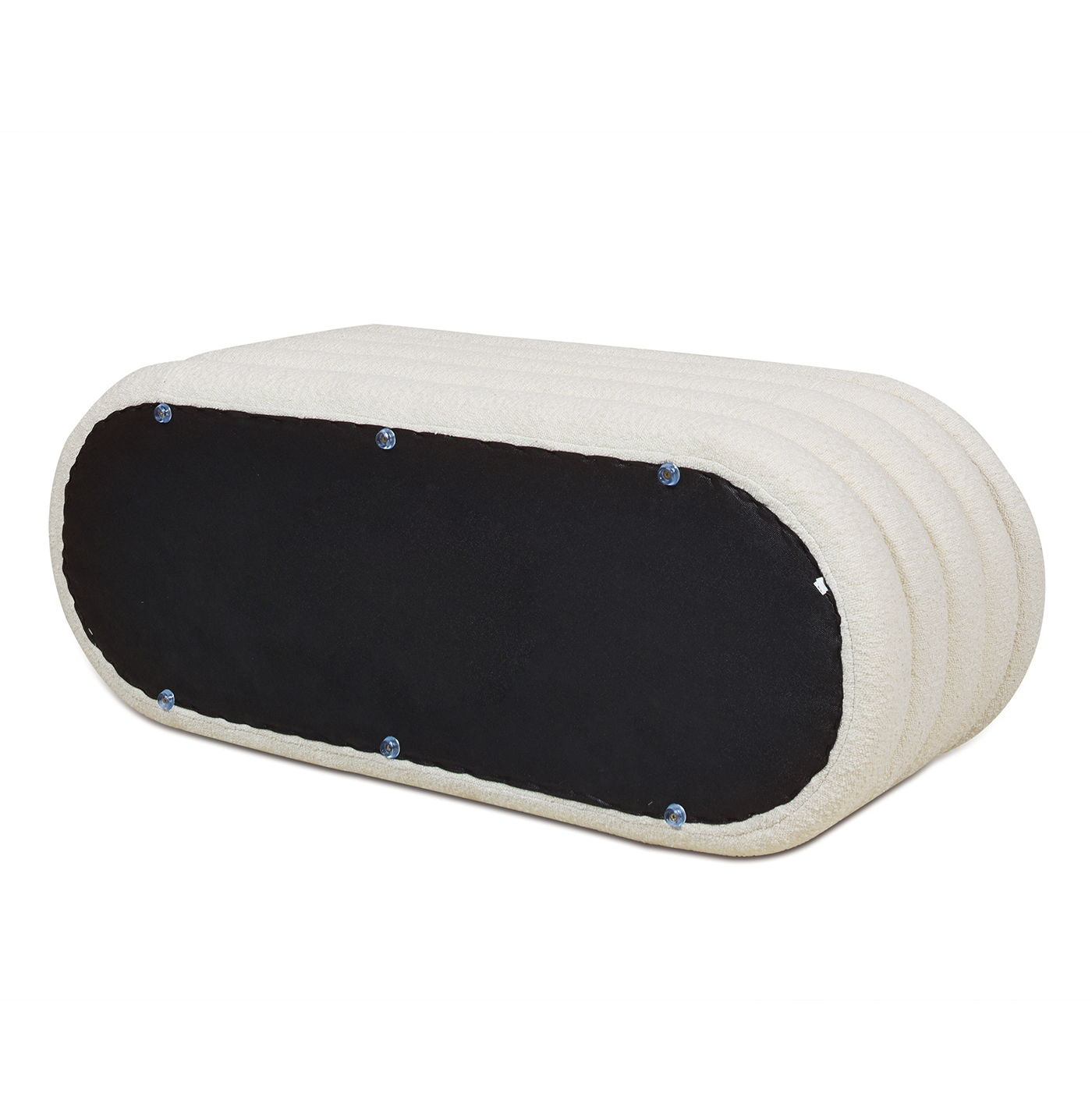 Fuji Upholstered Oval Storage Bench beige fabric with a black end panel and blue button accents on Tampa Home & Garden Store