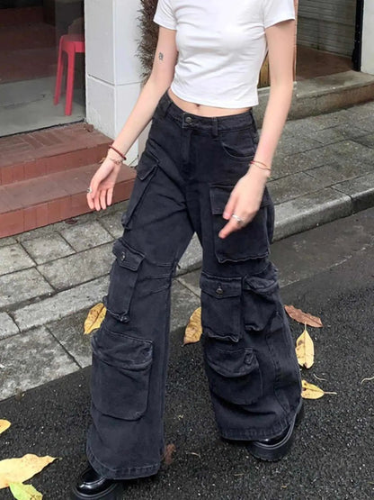 Retro black multi-pocket cargo pants, women's loose-fit with large cargo pockets, FLIPSTYLEZLLC on Tampa Home & Garden Store