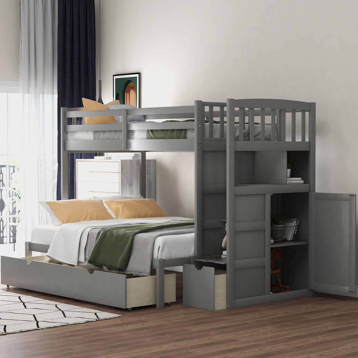 Bunk bed by HouseOfZazla with convertible bottom bed, gray finish and built-in storage drawers on Tampa Home & Garden Store