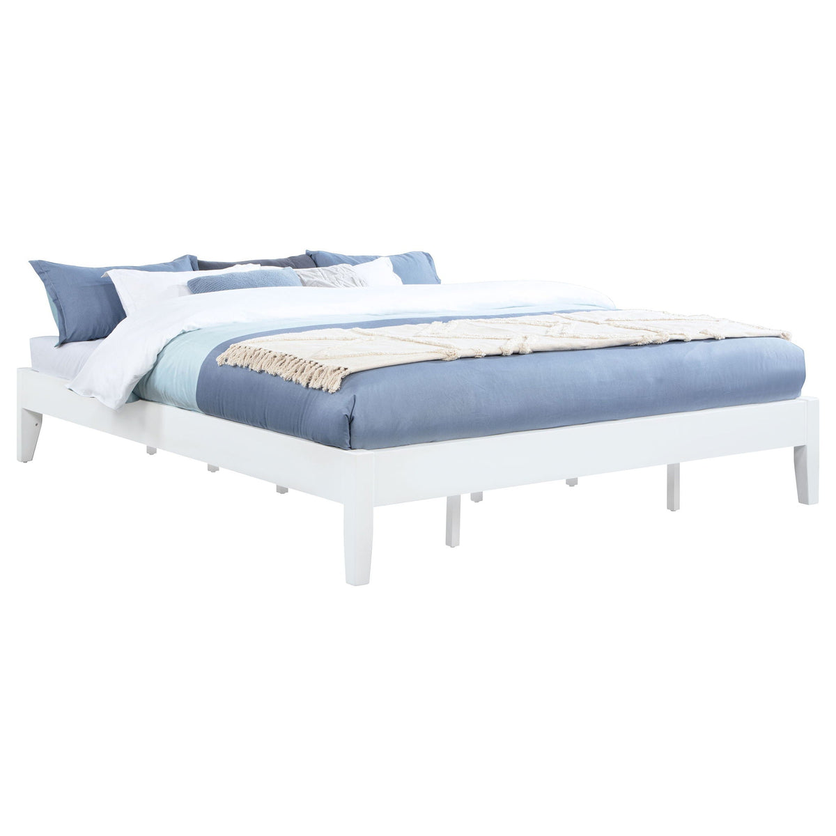 Hounslow platform bed with white frame and blue bedding set on Tampa Home & Garden Store