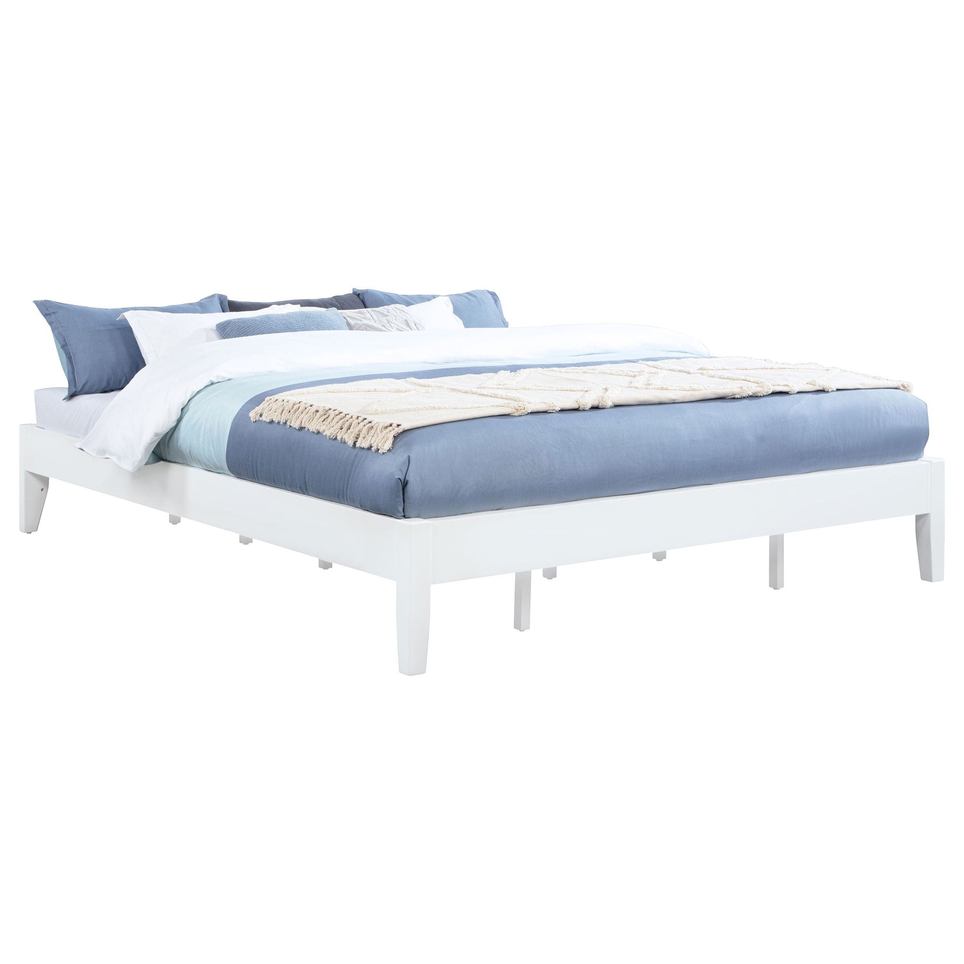 Hounslow platform bed with white frame and blue bedding set on Tampa Home & Garden Store