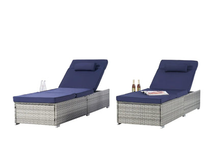 Outdoor PE rattan chaise lounges in gray with navy cushions, 2-piece set by Unique Piece Furniture on Tampa Home & Garden Store