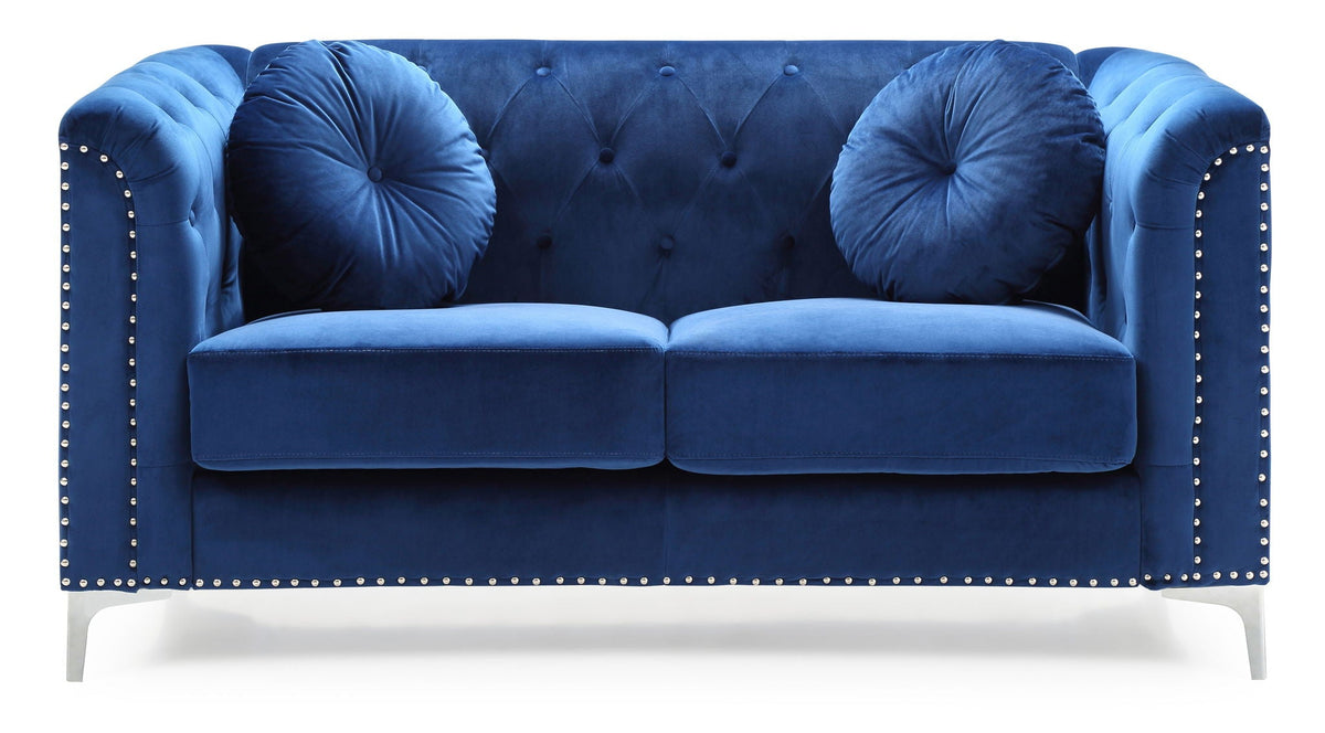 HouseOfZazla blue velvet sloped-arm stationary loveseat with tufted back and studded trim, two bolster pillows on Tampa Home & Garden Store