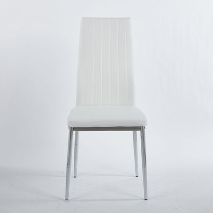 Minimalist white dining chair with chrome legs and vertical back stitching on Tampa Home & Garden Store