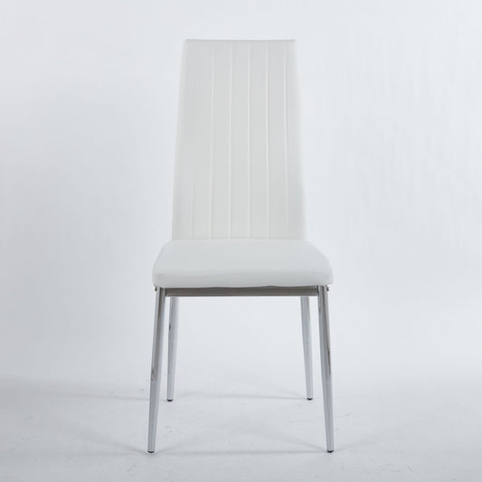 Minimalist white dining chair with chrome legs and vertical back stitching on Tampa Home & Garden Store
