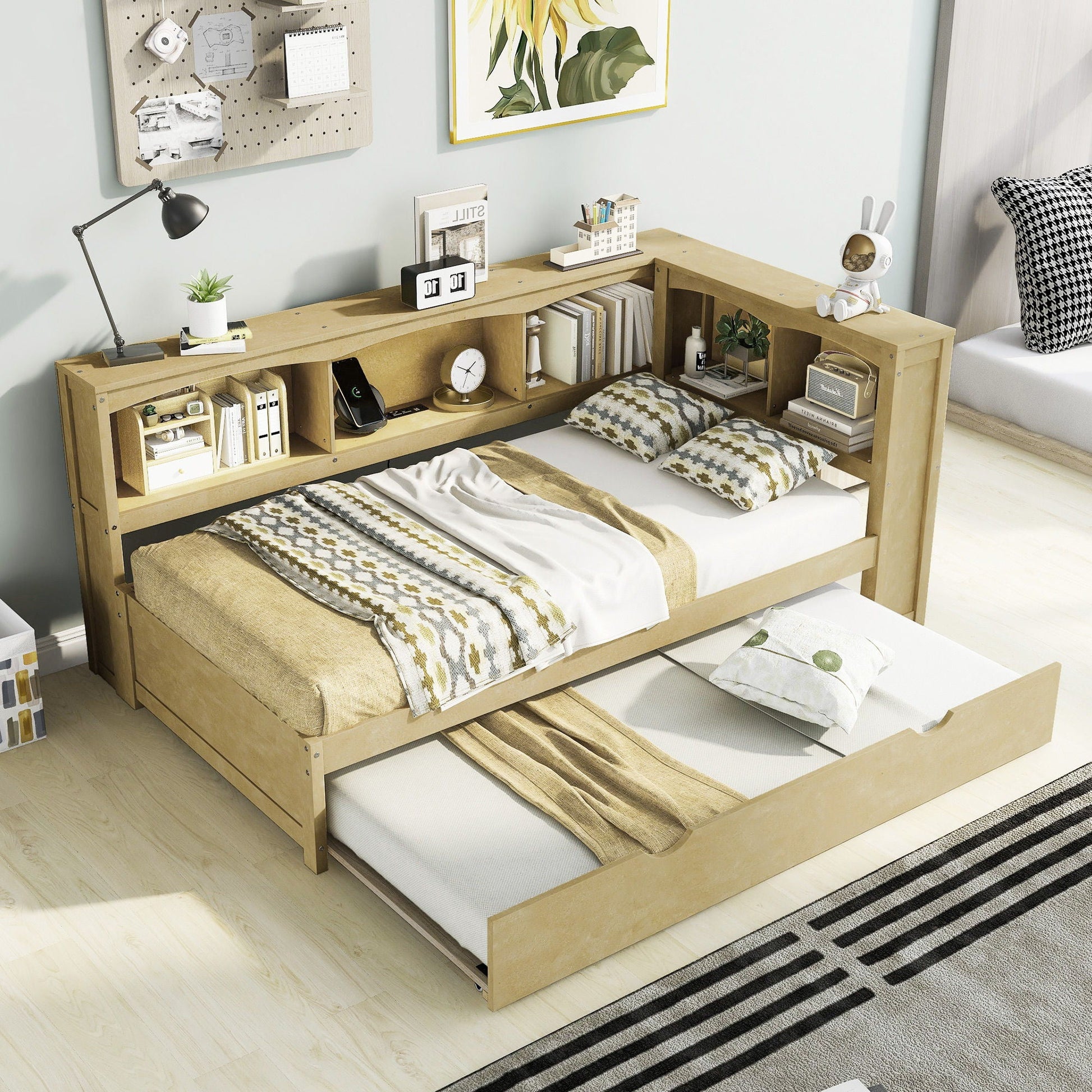Daybed with trundle and side storage cubbies in natural wood finish with patterned pillows on Tampa Home & Garden Store