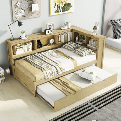 Daybed with trundle and side storage cubbies in natural wood finish with patterned pillows on Tampa Home & Garden Store