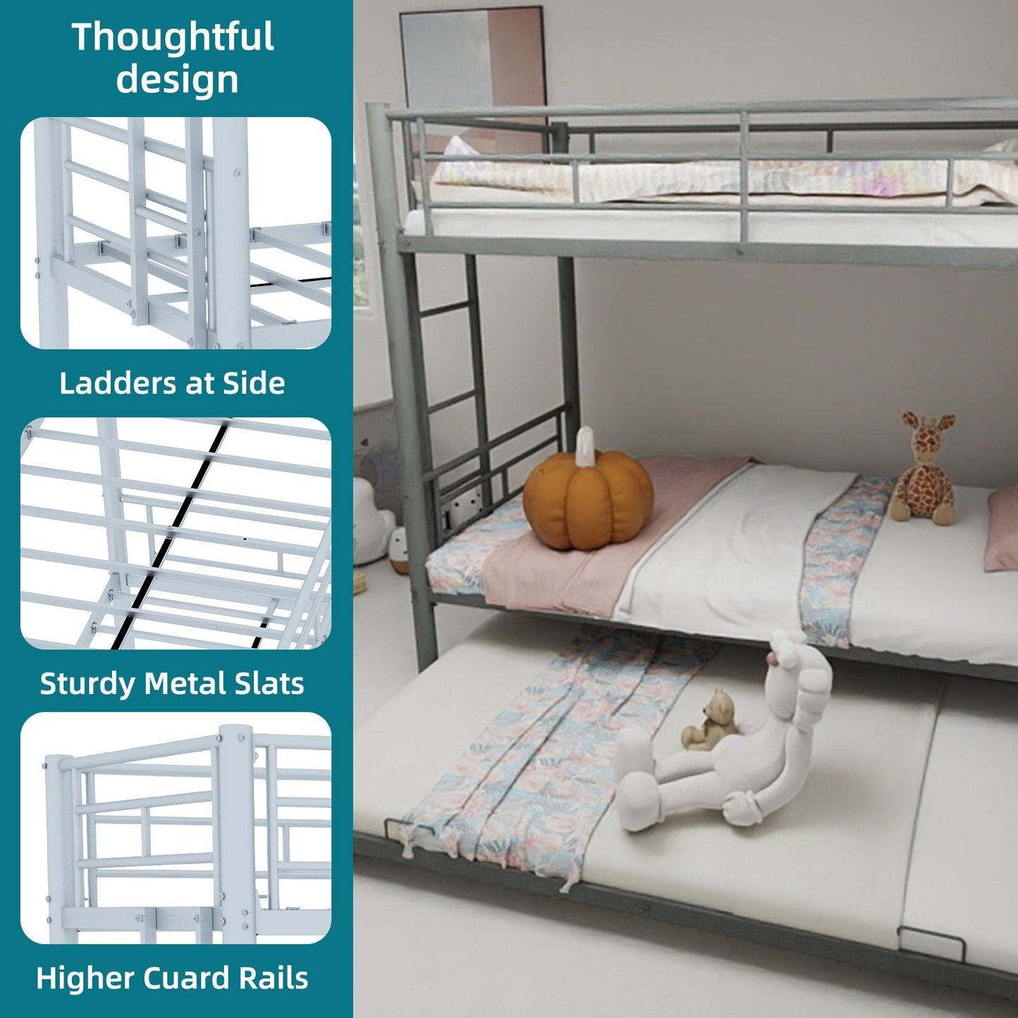 Bunk Bed for Kids by HouseOfZazla, metal frame with side ladders and guardrails on Tampa Home & Garden Store