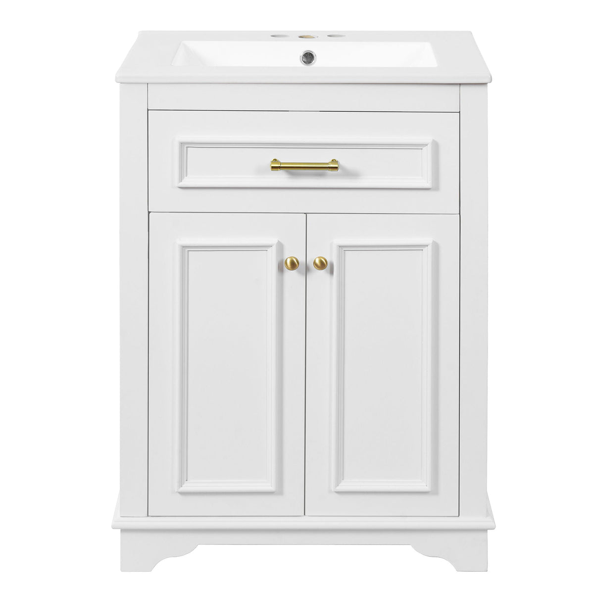 Bathroom vanity with integrated white sink and white cabinet with brass hardware on Tampa Home & Garden Store