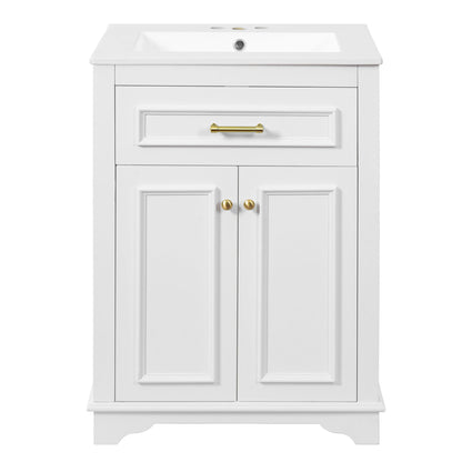 Bathroom vanity with integrated white sink and white cabinet with brass hardware on Tampa Home & Garden Store