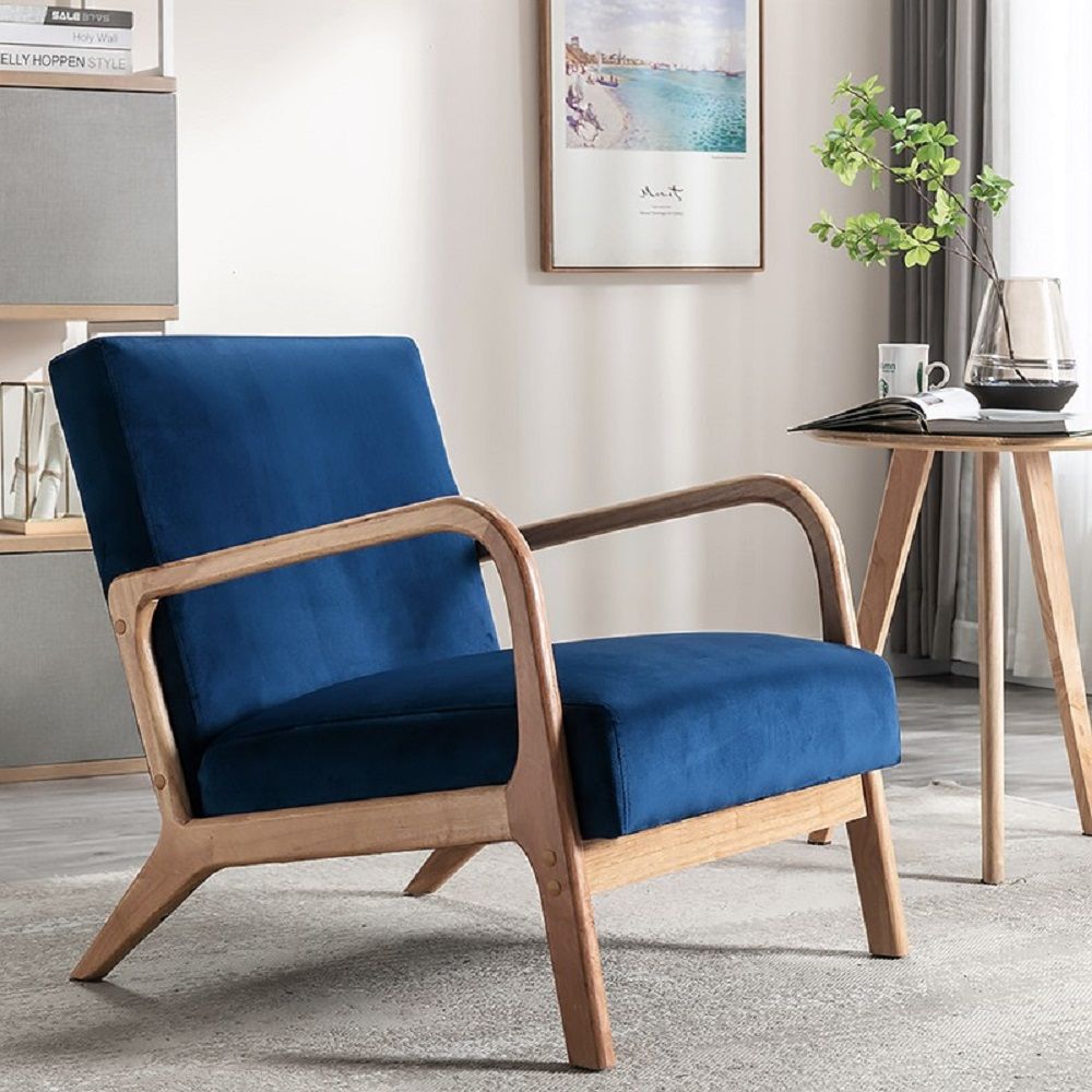 HouseOfZazla blue mid-century modern armchair with cushions and open wooden frame on Tampa Home & Garden Store