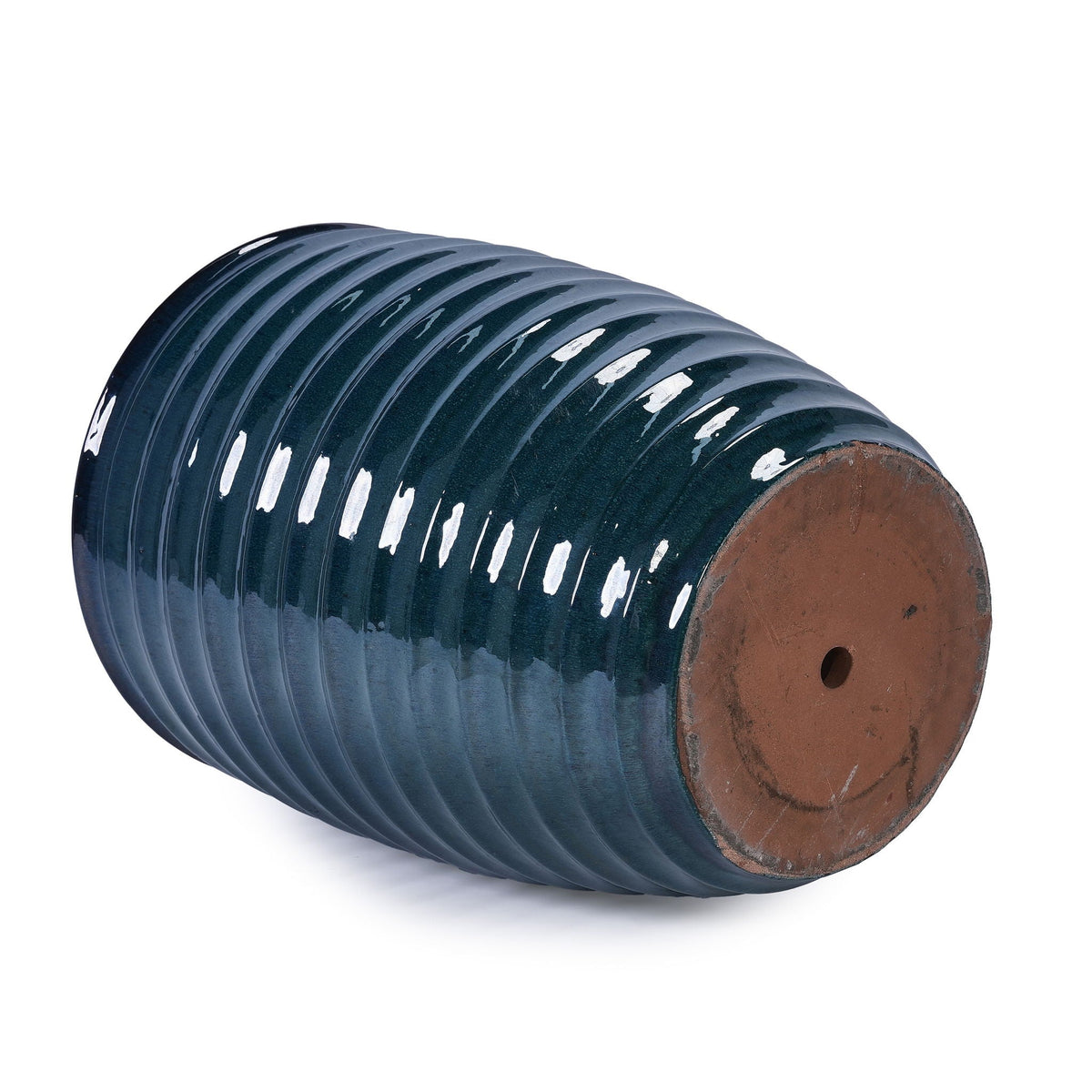 Planter flowerpot with navy ribbed ceramic glaze and brown base by HouseOfZazla on Tampa Home & Garden Store