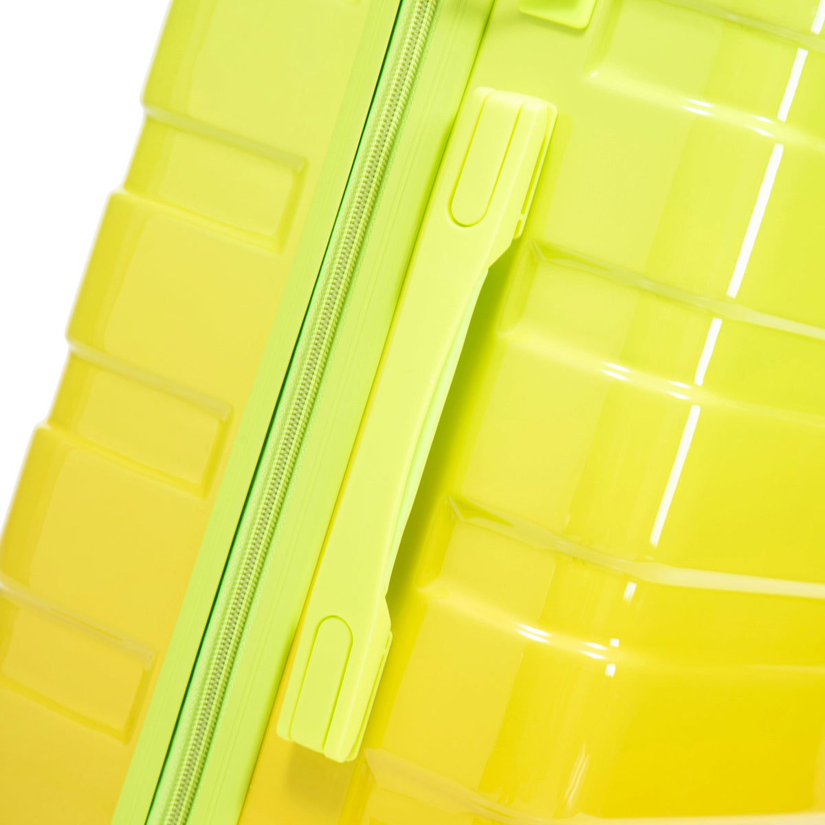 3-Piece PC Spinner Luggage Set neon yellow-green; close-up of zipper and handle on Tampa Home & Garden Store