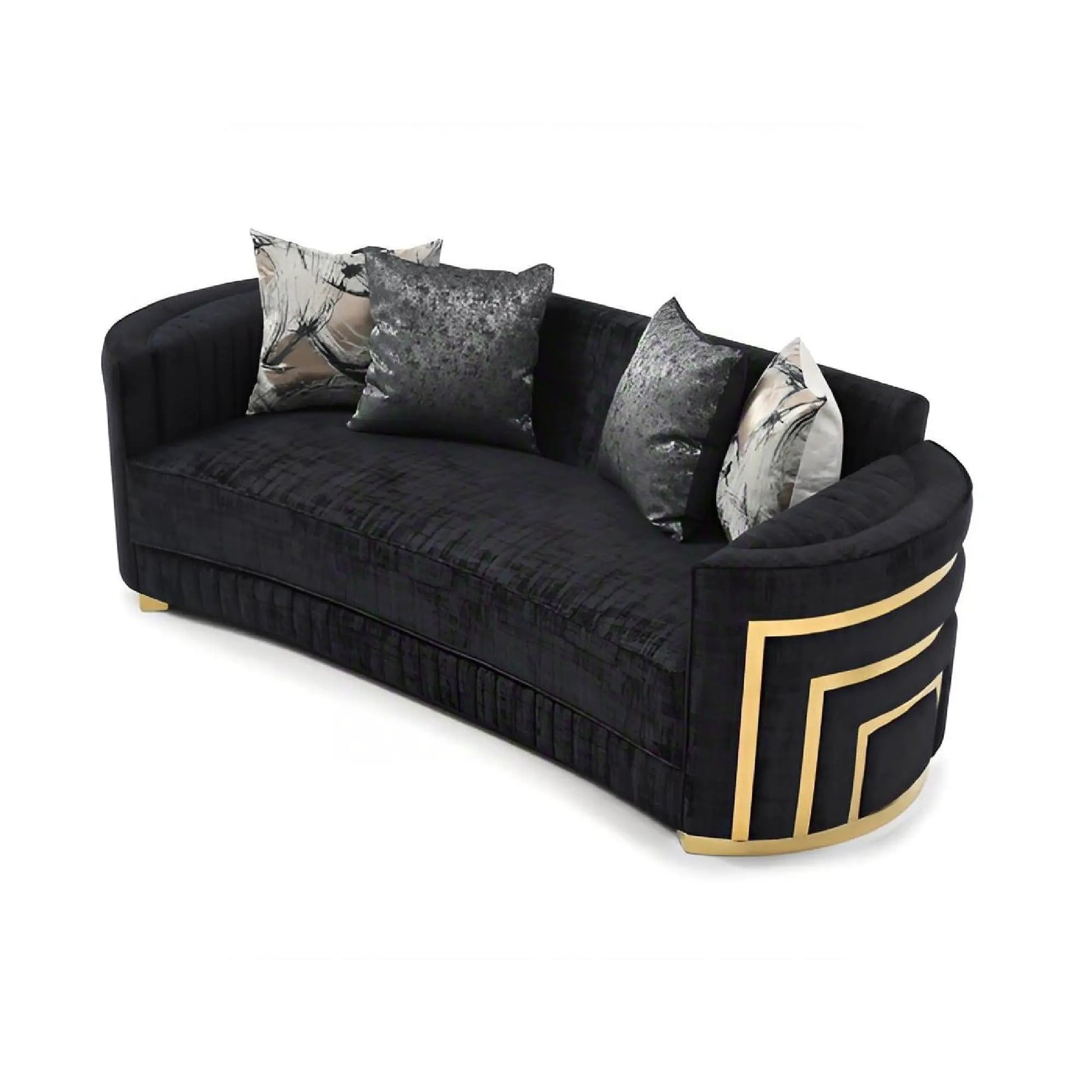 Soledad sofa in black tufted fabric with gold curved trim and decorative pillows on Tampa Home & Garden Store