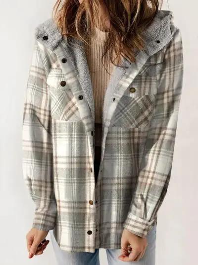 Plaid Snap Down Plush Hooded Jacket Women Warm