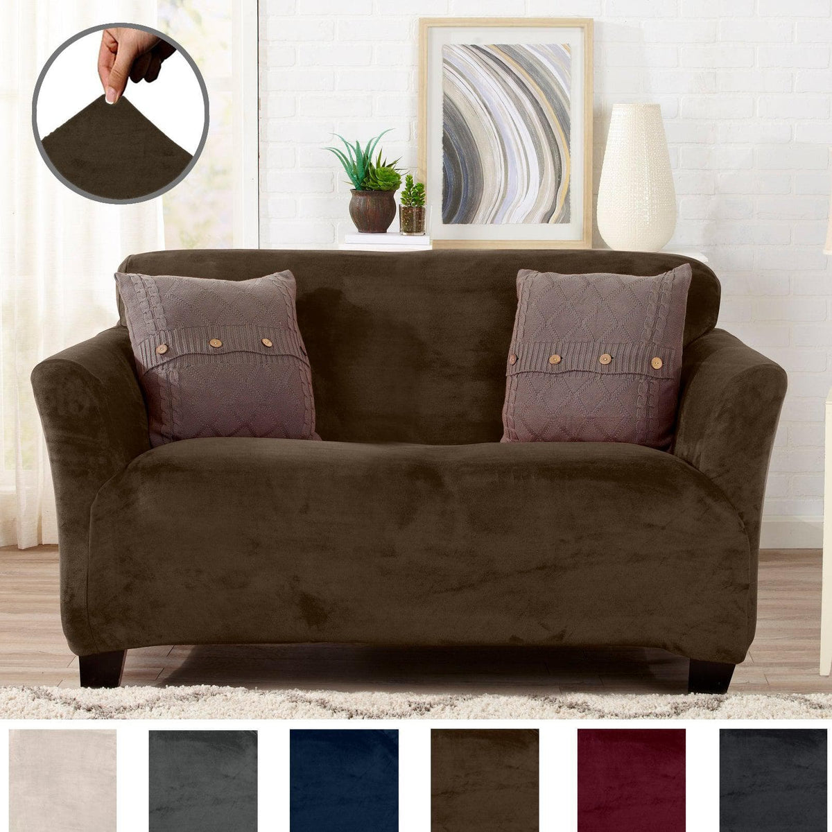 Velvet stretch slipcover Gale Collection for sofa in chocolate brown with lilac pillows on Tampa Home & Garden Store