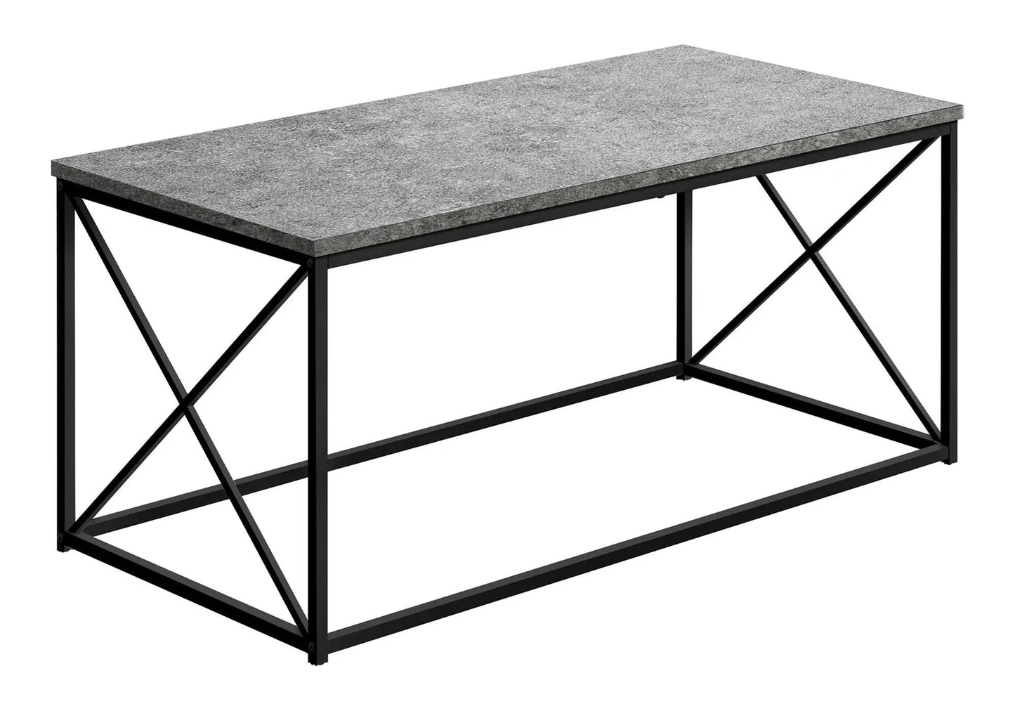 Rectangular coffee table with gray stone top and black metal X-frame base on Tampa Home & Garden Store