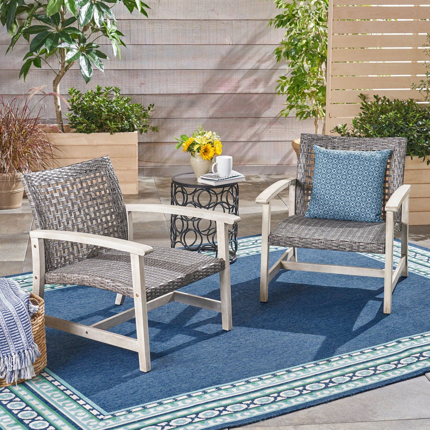 Outdoor Club Chair in Gray with Rattan and Acacia