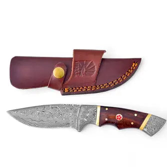 Walnut Fusion Damascus Utility Knife TK-086W with wood handle and ornate blade, leather sheath on Tampa Home & Garden Store