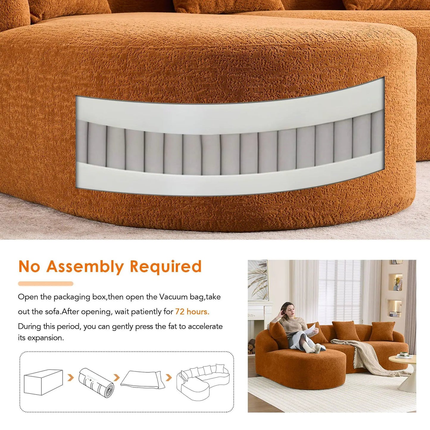 Combined sofa with 4 pillows, orange boucle, stationary sectional by Unique Piece Furniture on Tampa Home & Garden Store