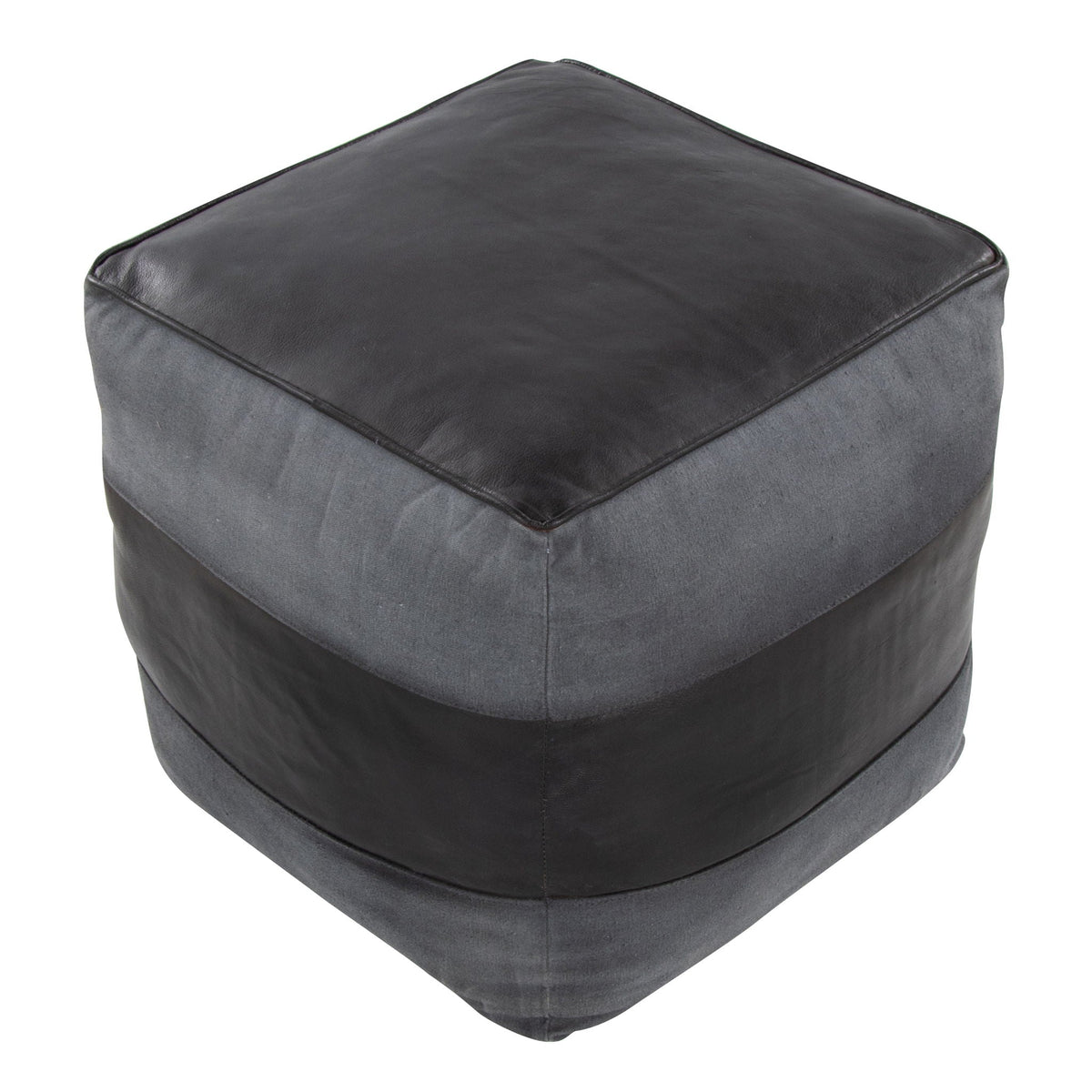 Industrial pouf ottoman in dark gray top with light gray fabric sides on Tampa Home & Garden Store