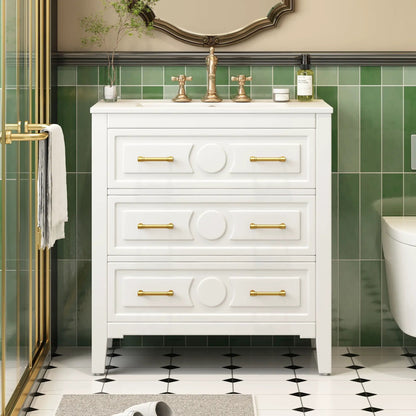 Retro bathroom vanity with sink, white freestanding cabinet with 3 drawers and brass hardware on Tampa Home & Garden Store