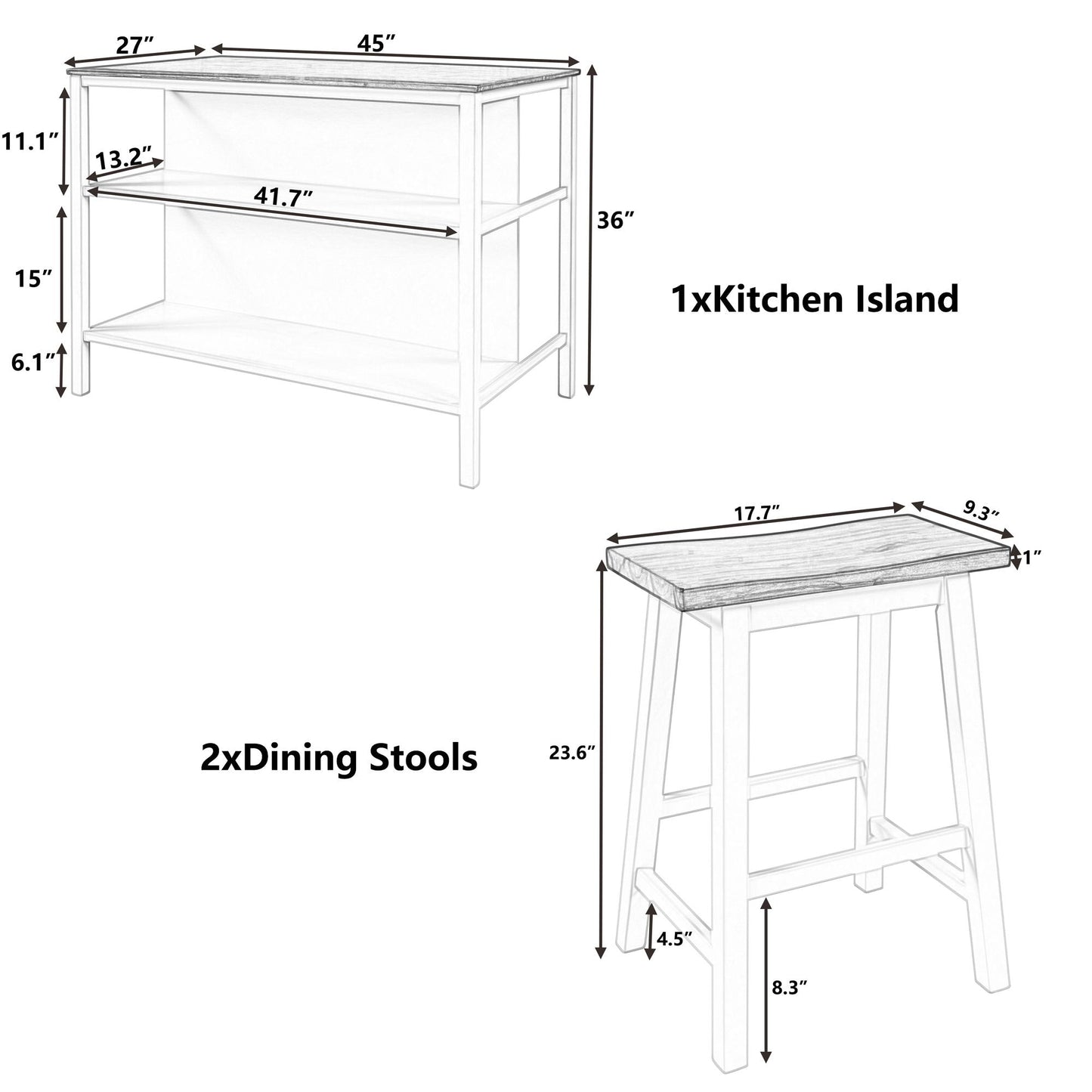 Rustic Kitchen Island and Two Wooden Bar Stools