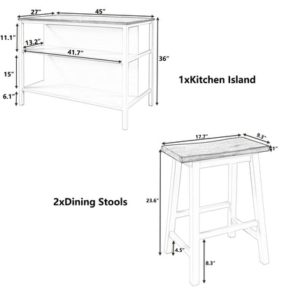 Rustic Kitchen Island and Two Wooden Bar Stools