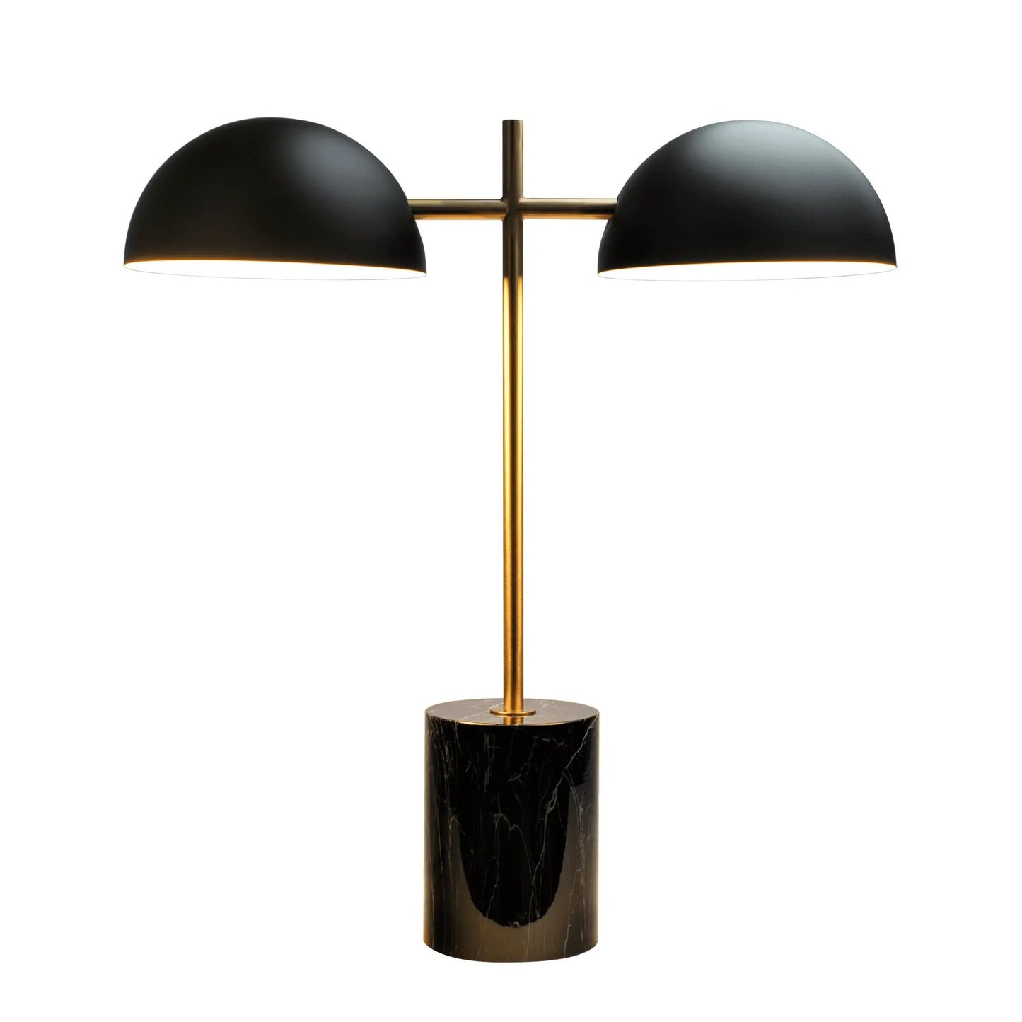 Nova Hydro double table lamp with black dome shades, brass stem, and marble base on Tampa Home & Garden Store